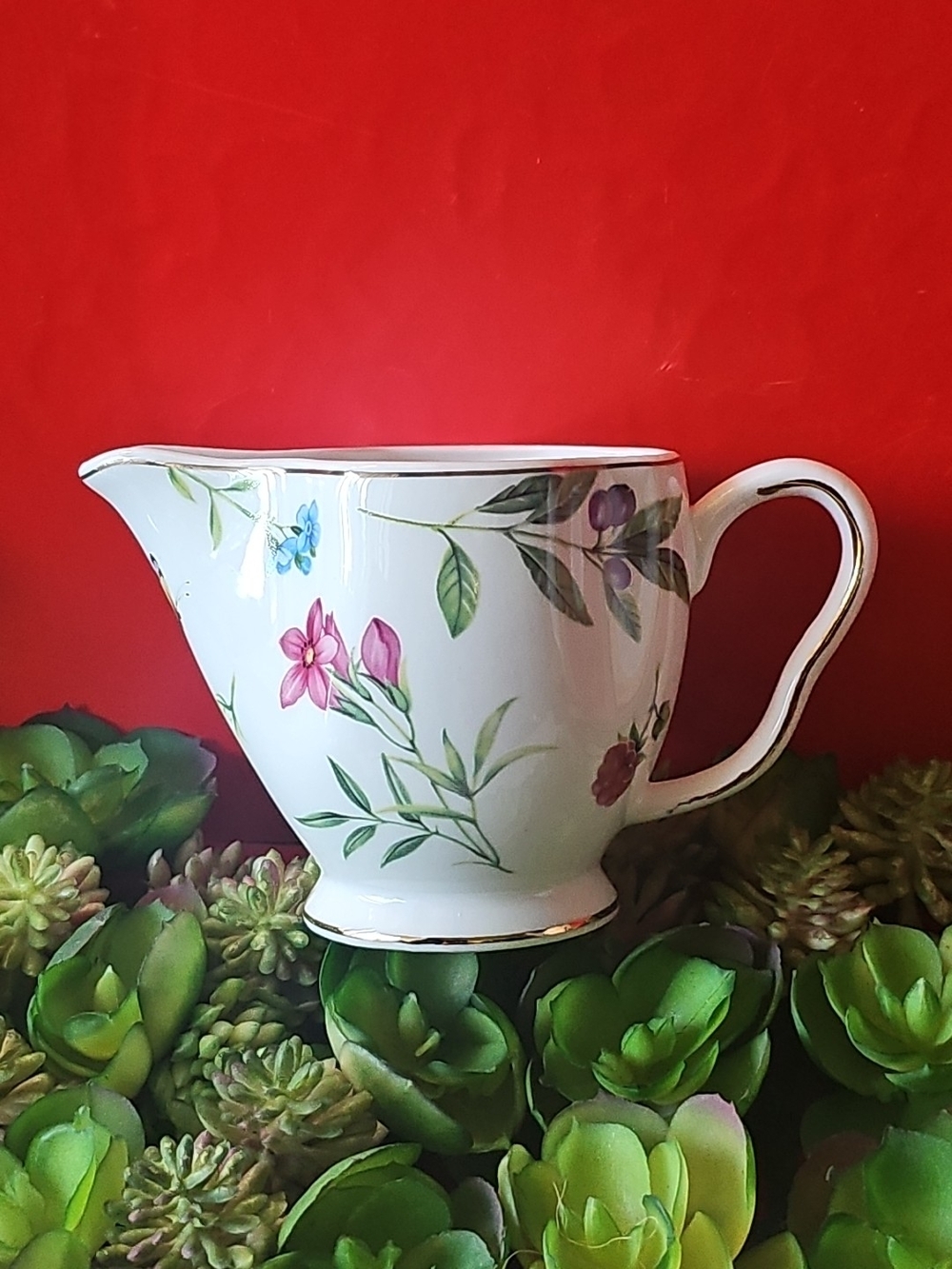 Grace Teaware White Floral Porcelain Creamer with Multicolor Flowers Gold Trim